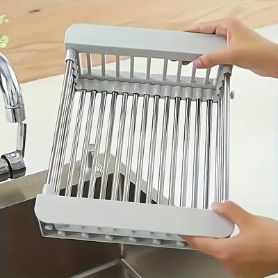 Adjustable 304 Stainless Steel Sink Drain Basket Drain Drying Rack Multifunctional Storage Rack for Kitchen Dish Vegetable Fruit