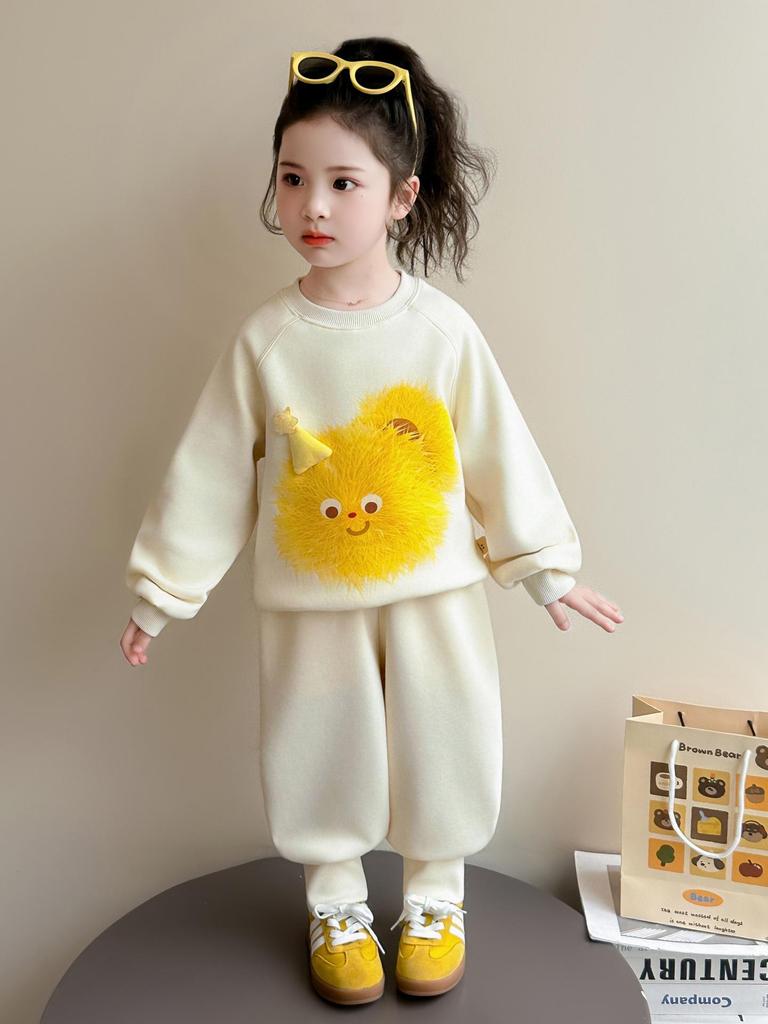 Girls' Little Monster Print Sweatshirt & Sweatpants Set - Spring/Autumn Casual Two-Piece Outfit