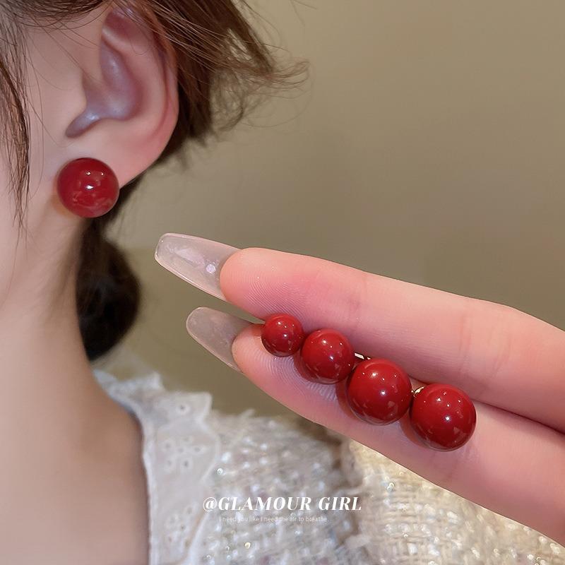 Real gold electroplated silver needle geometric red New Year's stud earrings niche simple versatile earrings light luxury high-end earrings women