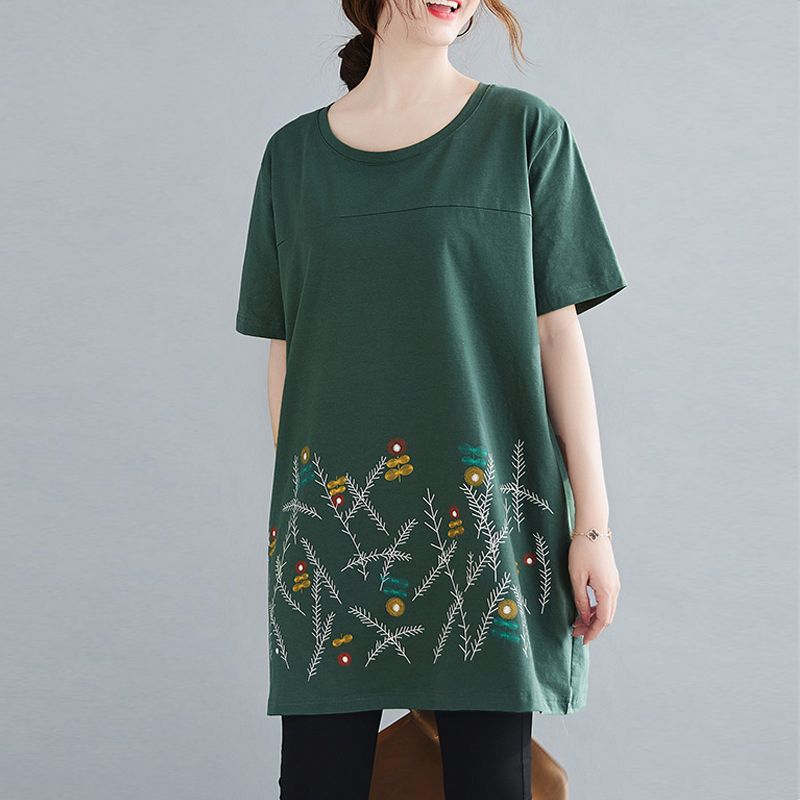 Große Größen Damen Mittellang bis lang Sommer Kurzarm T-Shirt Lockeres Oberteil