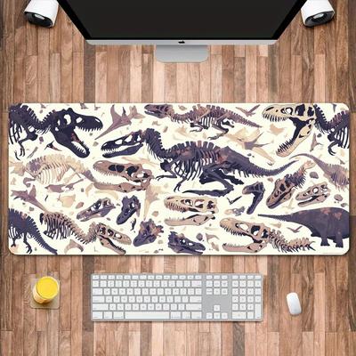 Large Dinosaur Fossil Patterned Mouse Pad White and Beige Gaming Desk Pad Antislip and Washable Surface Desk Mat