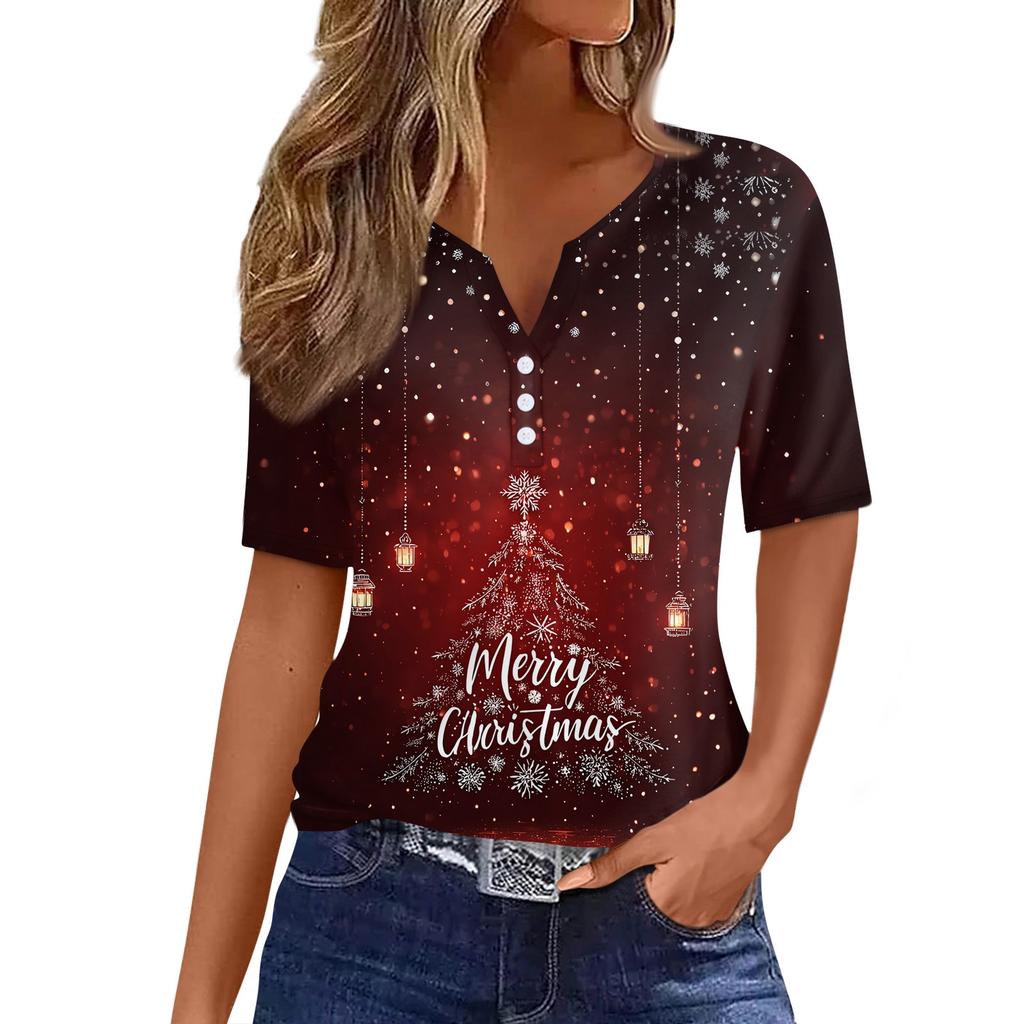 Women's T Shirt Christmas Print Button Short Sleeve Daily Weekend Fashion Basic V- Neck Regular Top