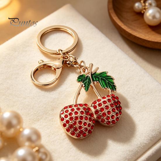 Decorative Cherry Keychain Double Rhinestone Keychain, Oil Dripping Green Leaf Fruit Compact Key Decor Car Ring, Accessories for Handbags Backpacks
