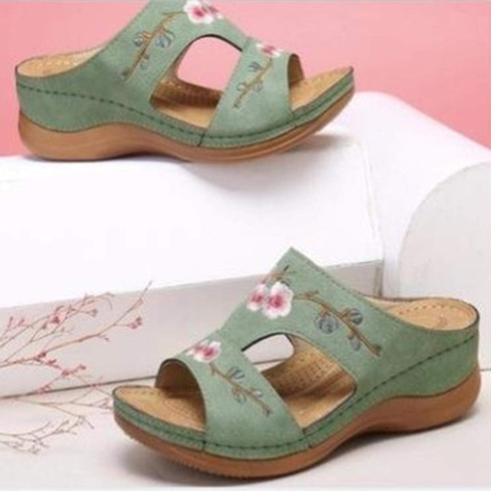 

Женские вышитые сандалии-слайды с винтажным вышитым дизайном из искусственной кожи, тапочки в подарок на Рождество, день рождения, Новый год 38 зелёный