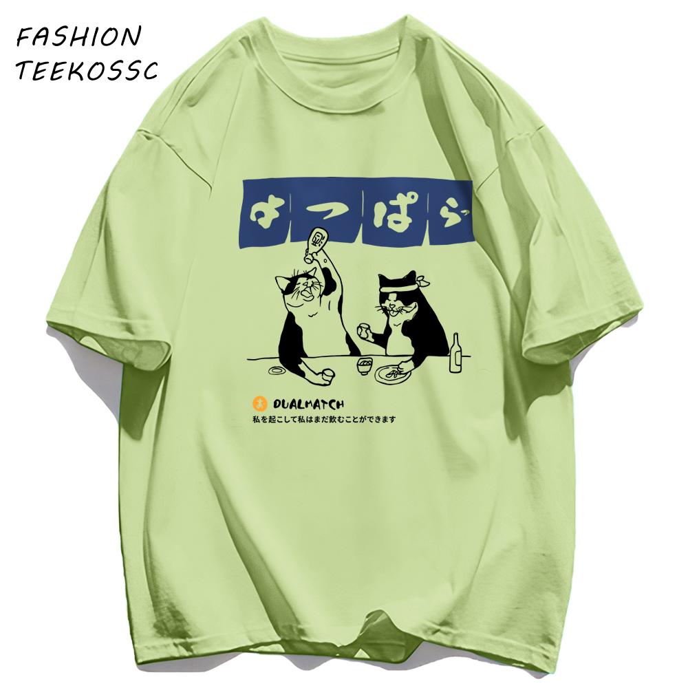 A Cat Drinking Late At Night Print Mens T Shirts Hip Hop AllMatch Tops Casual Cotton Clothes Oversized Crewneck Streetwear