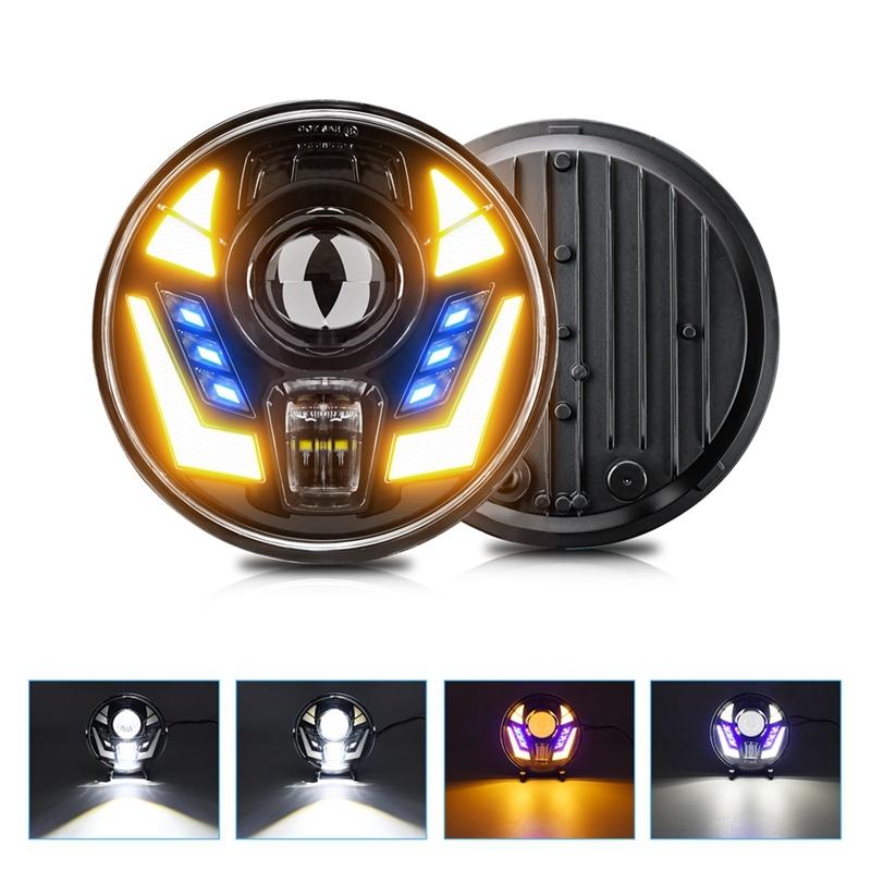 7 Inch Round LED Headlights, White+Blue DRL, Amber+Blue Turn Signal For Wrangler JK TJ LJ Camaro Mazda Hummer