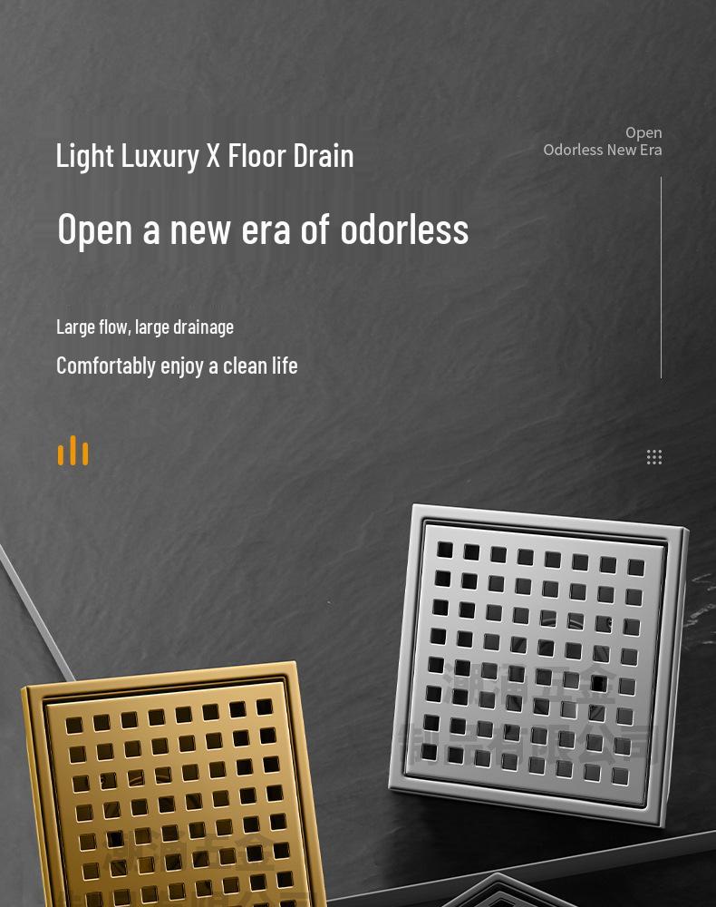304 Stainless Steel European-Style Large Capacity Square Floor Drain with Sliding Side Drain.