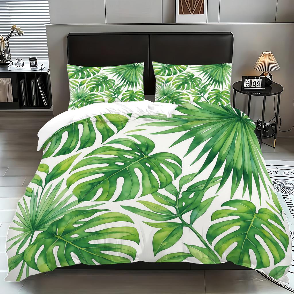 Bedding Three-Piece Set Plant Green Leaf Digital Printing Quilt Cover Pillowcase Polished Cloth Home Textile Kit