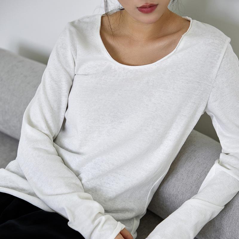

Women s 25th Anniversary Autumn Cotton Linen Long Sleeve U-Neck Top – Loose, Simple, and Versatile Blouse for Commuting Large білий
