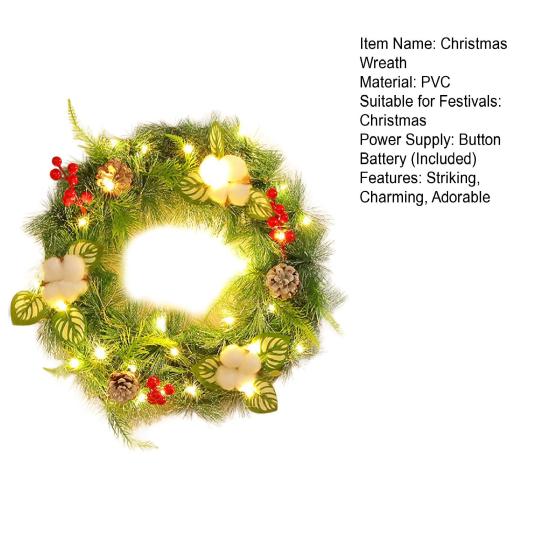Pre-Lit Christmas Wreath for Front Door 12 Inches LED Lighted Artificial Christmas Wreath