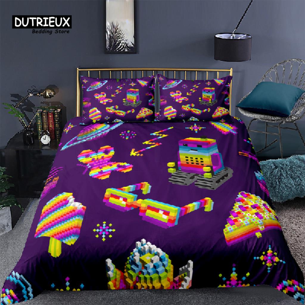 Colorful Toy Duvet Cover Funny Building Blocks Bedding Set With Pillowcases For Toddler Kids Teens Boys Girls Gift Bedroom Decor