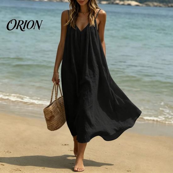Slim Fit Summer Dress Women's Spaghetti Strap Beach Sundress, Sleeveless V Versatile Holiday Neck Cami Dress, Loose Flowy Vacation Long