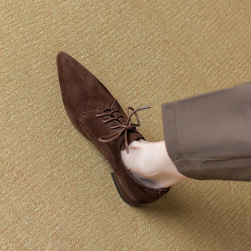 Fashion NEW Spring/Autumn Women Pumps Sheep Suede Leather Shoes for Women Pointed Toe Low Heel Shoes Casual Black Lace-up Handmade Shoes