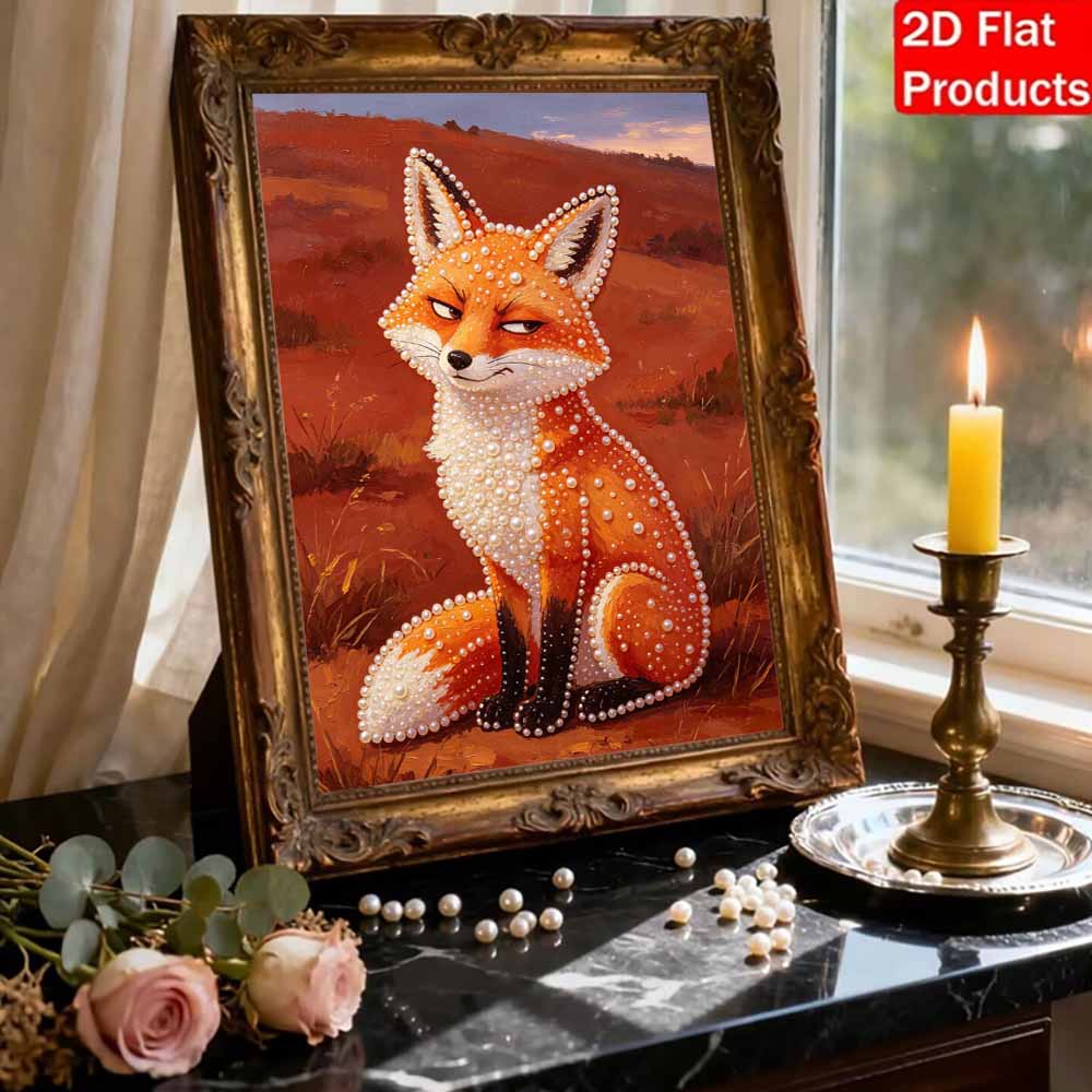 Cute Fox Pattern 5D Pearl Painting Kit with Frame DIY Sparkling Bead Canvas Art Relaxing Craft for Bedroom Decor Wall Art Gift Item
