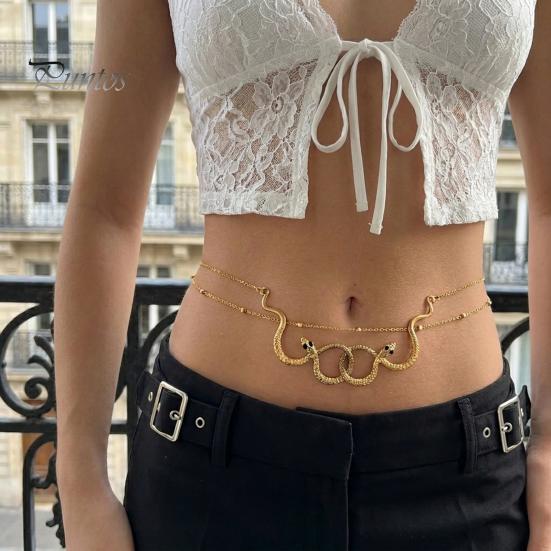 Beach Bikini Accessory Double Snake Wrap Waist Chain, Adjustable Layered Belly Chain for Women, Vintage Gold Lightweight Metal Belt Fashion