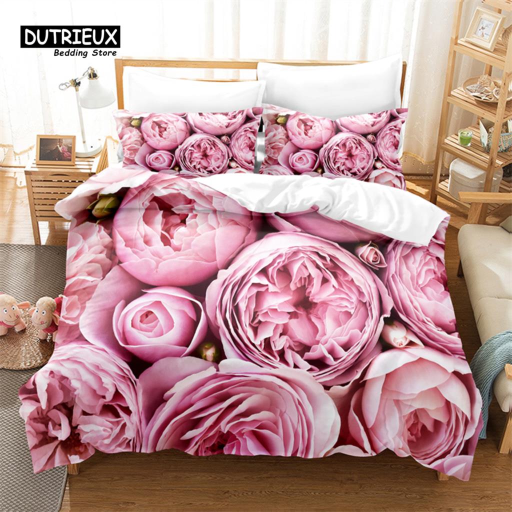 Pink Roses Bedding Set, 3Pcs Duvet Cover Set, Soft Comfortable Breathable Duvet Cover, For Bedroom Guest Room Decor