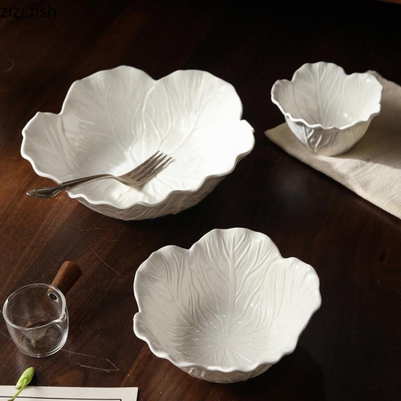 Ceramic Flower Deep Bowl Pure White Oat Breakfast Bowls Fruit Plate Salad Bowl Yogurt Cup Soup Bowls Dining Plate Pasta Dish