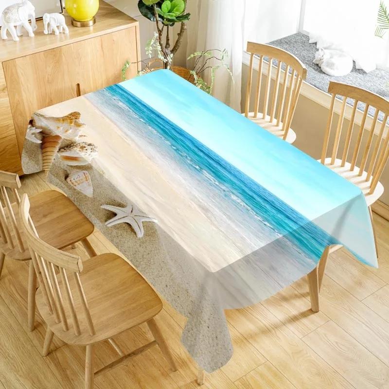 Nappe rectangulaire Bleu Océan d'Été Décoration de Mariage Fête Lavable Coquillages Plage Cuisine Table à Manger Décoration de Maison 140x280cm