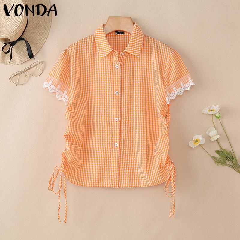 

VONDA Women Lapel Neck Lace Patchwork Plaid Side Drawstring Casual Blouse 5XL оранжевый