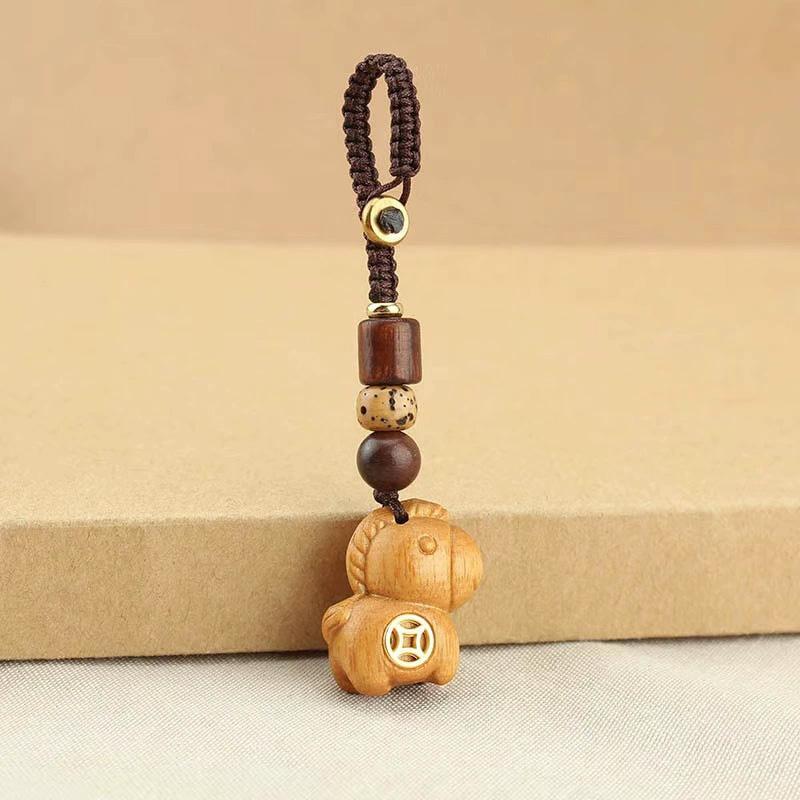 

1Pc Wood Pendant Gift Phone Keychain New Chinese Style Coin Decoration Creativity Pony Pendant Braiding Rope Car Keychain