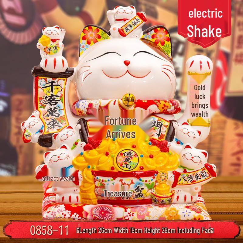 Medium Ceramic Lucky Cat Figurine with Electric Waving Paw - Prosperity Charm for Shops and Gifts