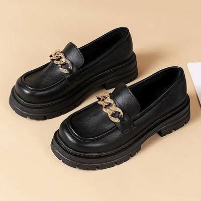 Buty damskie Moda damska Mary Janes Okrągłe Toe Płaskie Mokasyny Oxfordy Platforma Casual Metalowy Łańcuch Klamra Damskie Obcasy Czarne