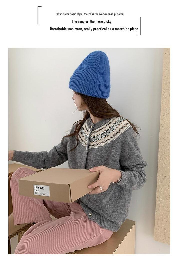 Women's Retro Color Block 100% Wool Cardigan - Round Neck Knit Jacquard Sweater for Autumn & Winter