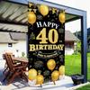 Happy 40th Birthday Decorations for Men & Women, Black Gold 40th Birthday Banner Backdrop, 40 Years Old Party Decor, Fabric Photo Props Yard Sign