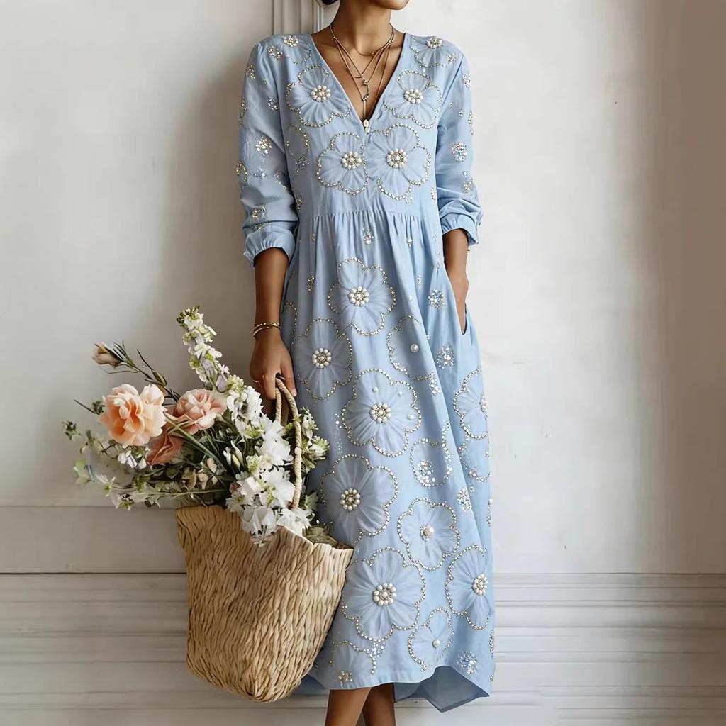 Abito casual da donna azzurro chiaro con scollo a V, ricamo floreale e dettagli di perle, manica media e polsino arricciato