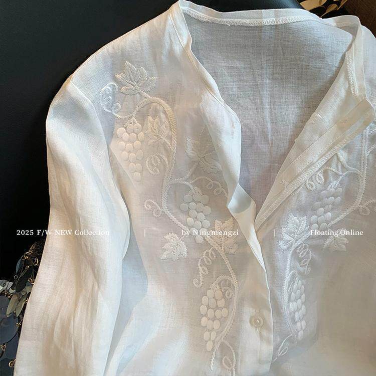 White heavy industry embroidered linen shirt top women's spring new design sense casual temperament simple shirt