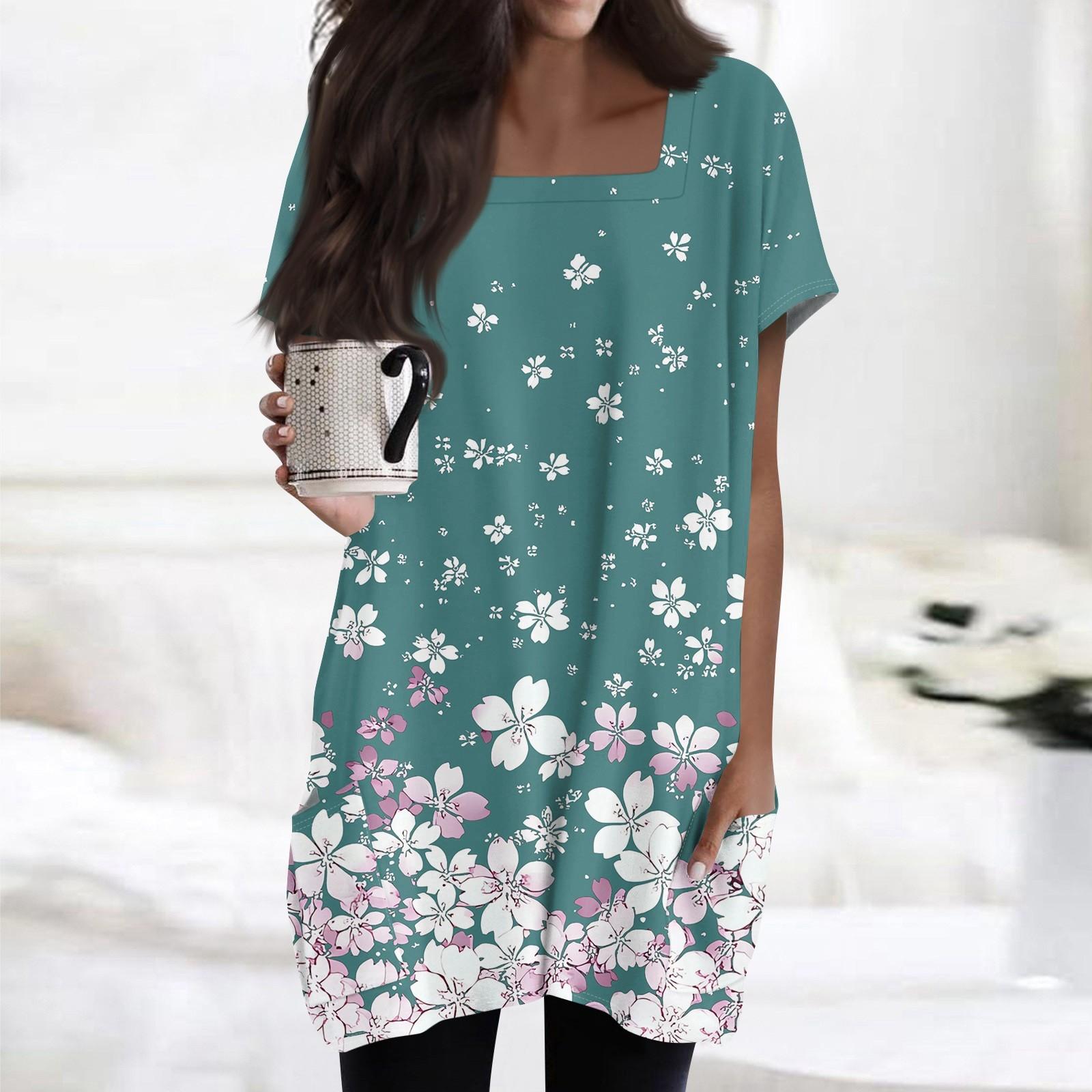 

Женские топы с квадратным воротником, короткие рукава, блузки, повседневные рубашки средней длины, модные туники с принтом и карманами M