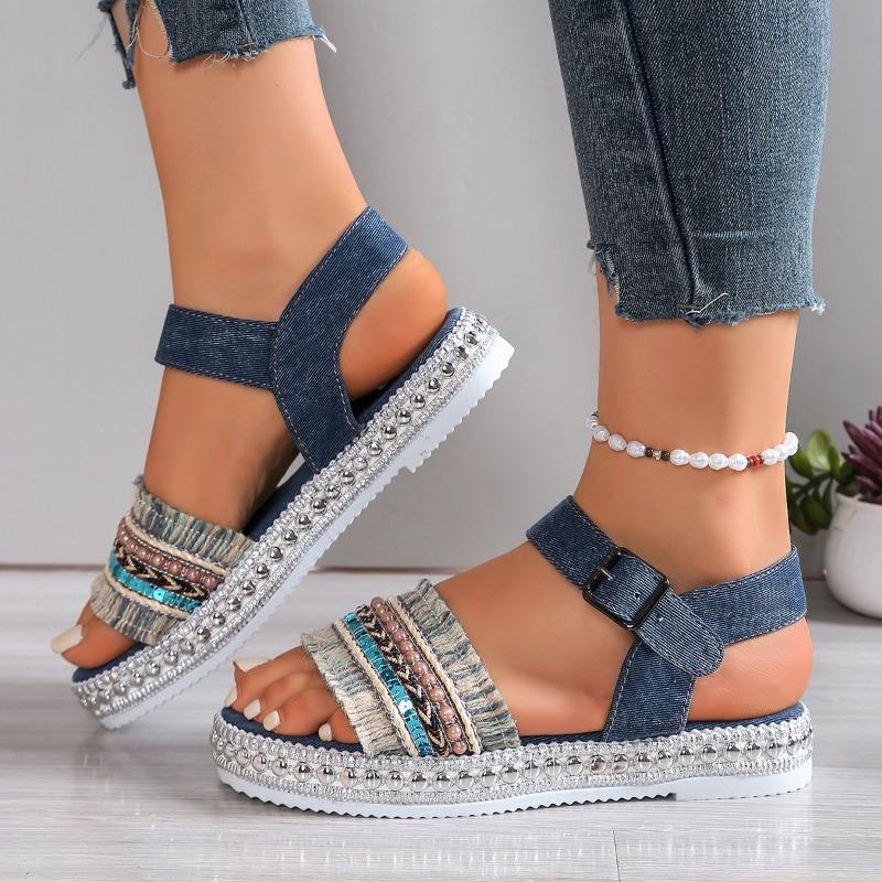 Women’s Tassel Denim Platform Roman Sandals, Thick Sole, Vintage Summer Beach Wear