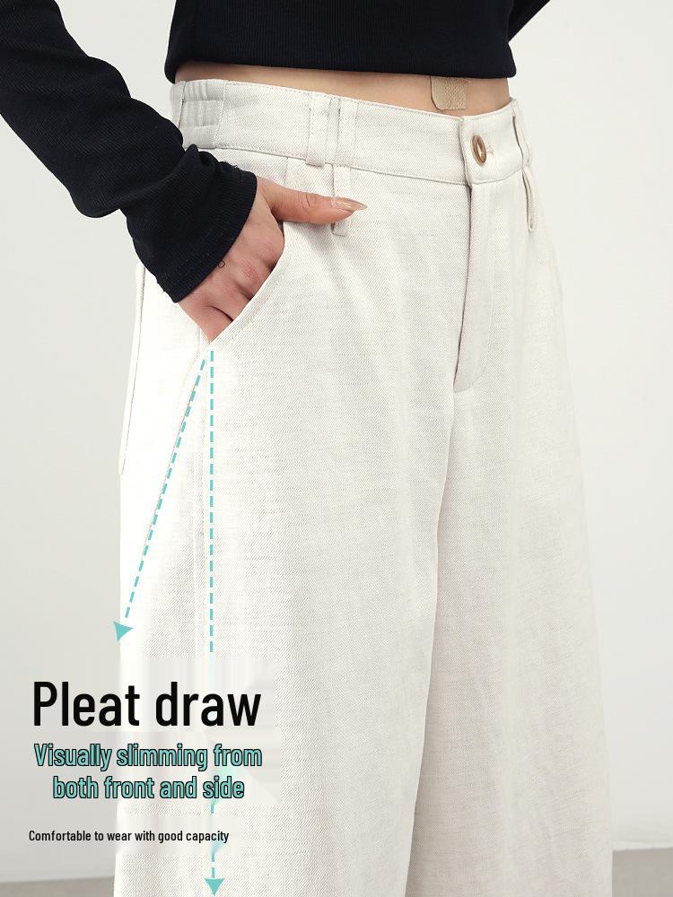 White Linen Loose-Fit Old Money Style Women’s Elastic Waist Wide-Leg Trousers, Casual Spring 2026 Collection