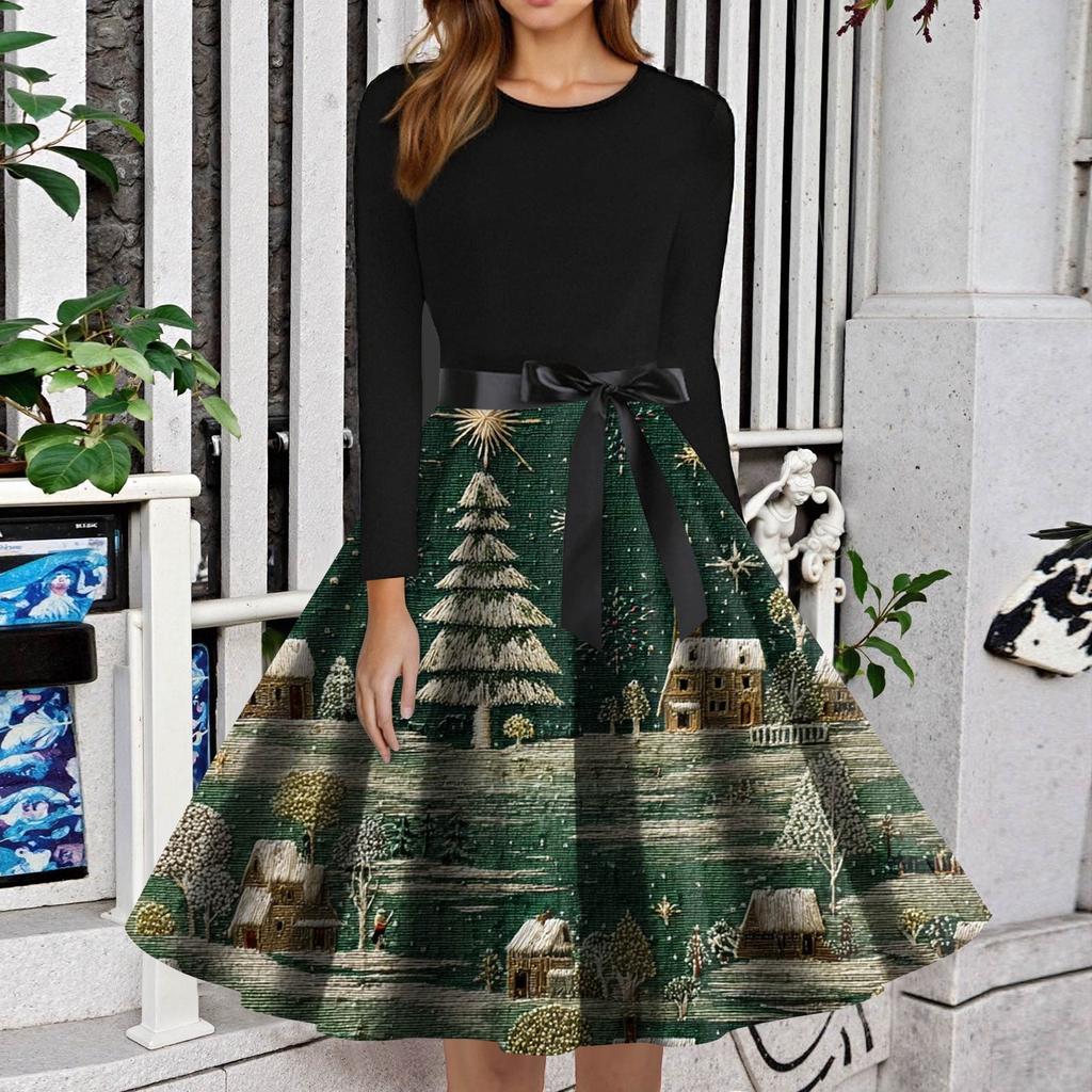Women's Fashion Round Neck Slim-Fit Christmas Print Long-Sleeved Dress