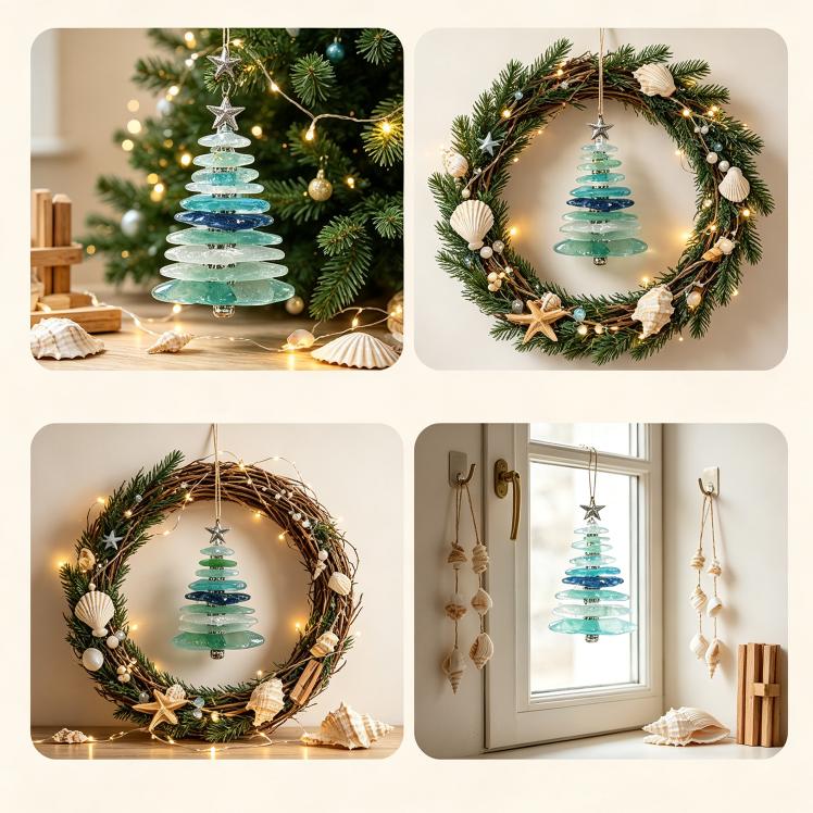 Christmas Ocean-Themed 24-Day Calendar Mystery Box Sea Glass Style Acrylic Christmas Tree Ornament Blind Box Light Blue