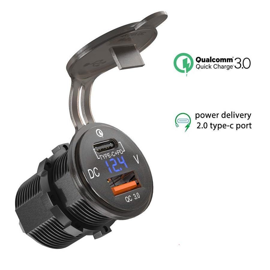 Car QC 3.0 Charger USB Type C Phone Fast Charging Socket w/ Blue LED Voltmeter