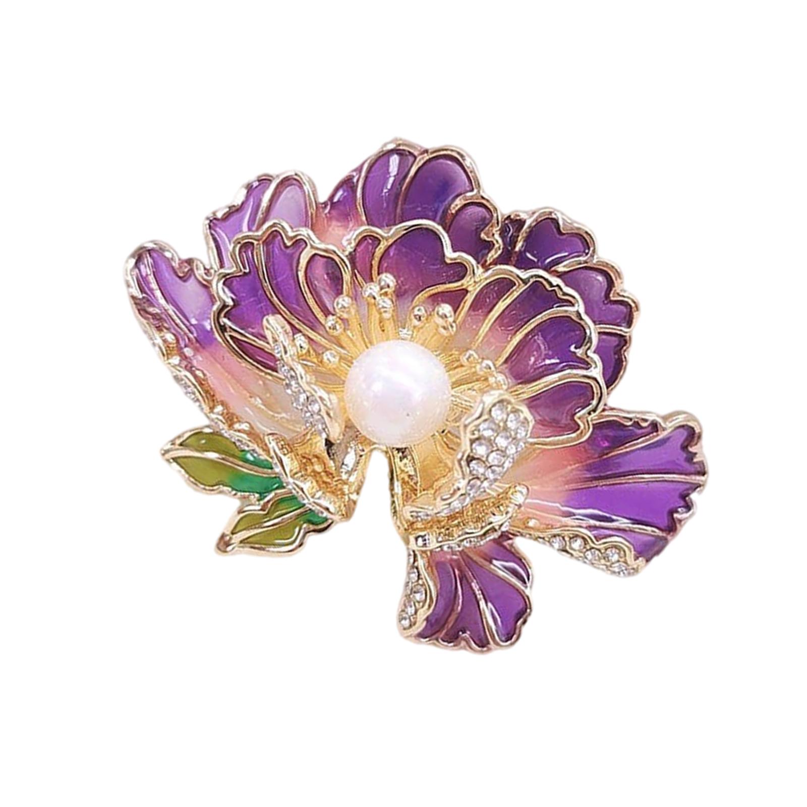 

Изящная брошь-булавка в виде пиона с жемчугом и эмалью для женщин, модный аксессуар для корсажа, украшения для платьев и сумок фиолетовый