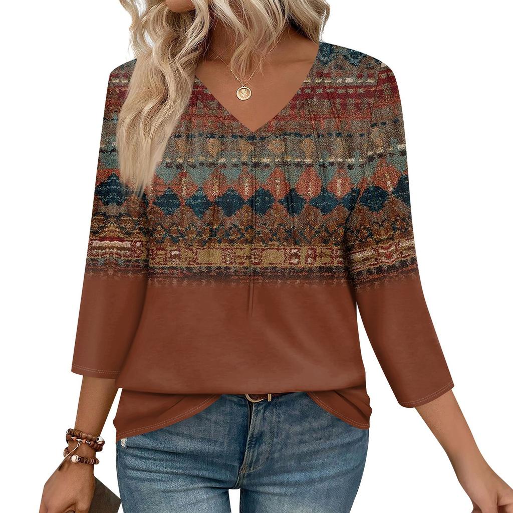 Women's Casual Tops V Neck Pull Stripe Prints Seven Sleeve Tops