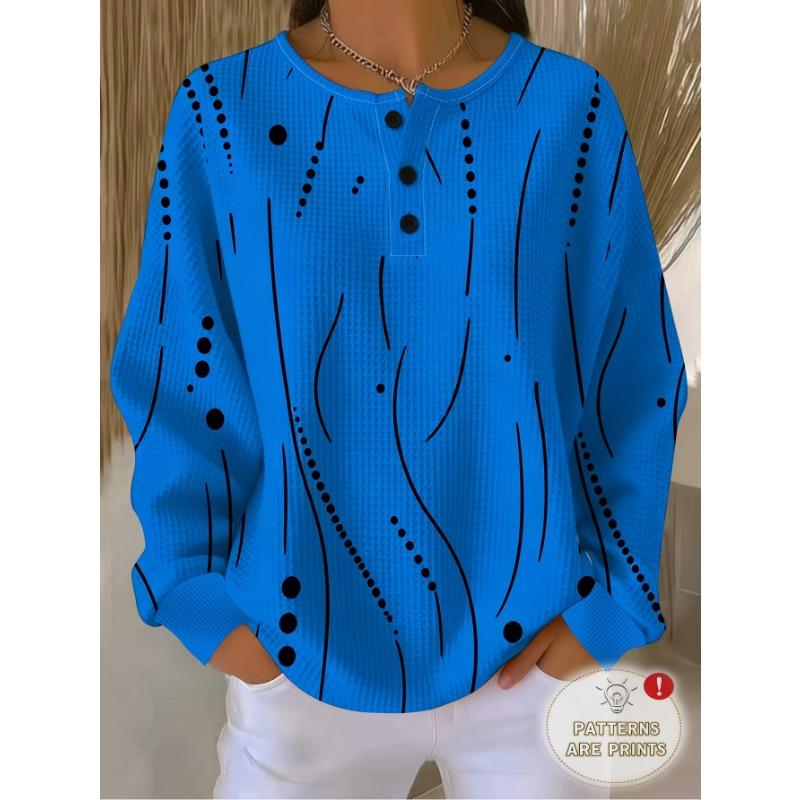 Barcode Women'S 3-Button Henley Collar Waffle Long Sleeve Top, Easy Curved Polka Dot Combination Print