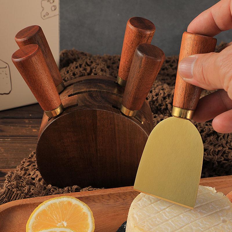 Stainless Steel & Acacia Wood Cheese Knife Set with Storage Base - 6-Piece
