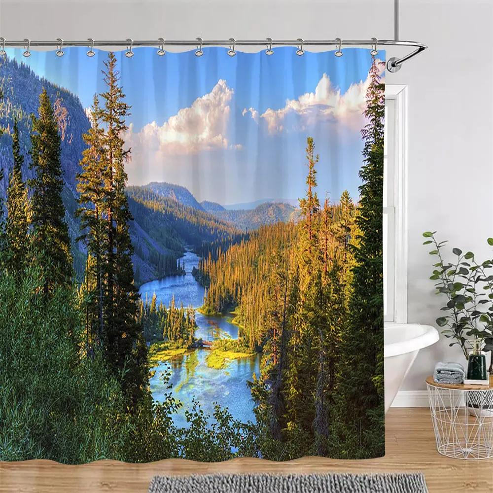Beautiful Autumn Landscape Shower Curtain Forest Lake Fire Red Golden Leaves Nature Landscape Fabric Bath Curtain Bathroom Decor