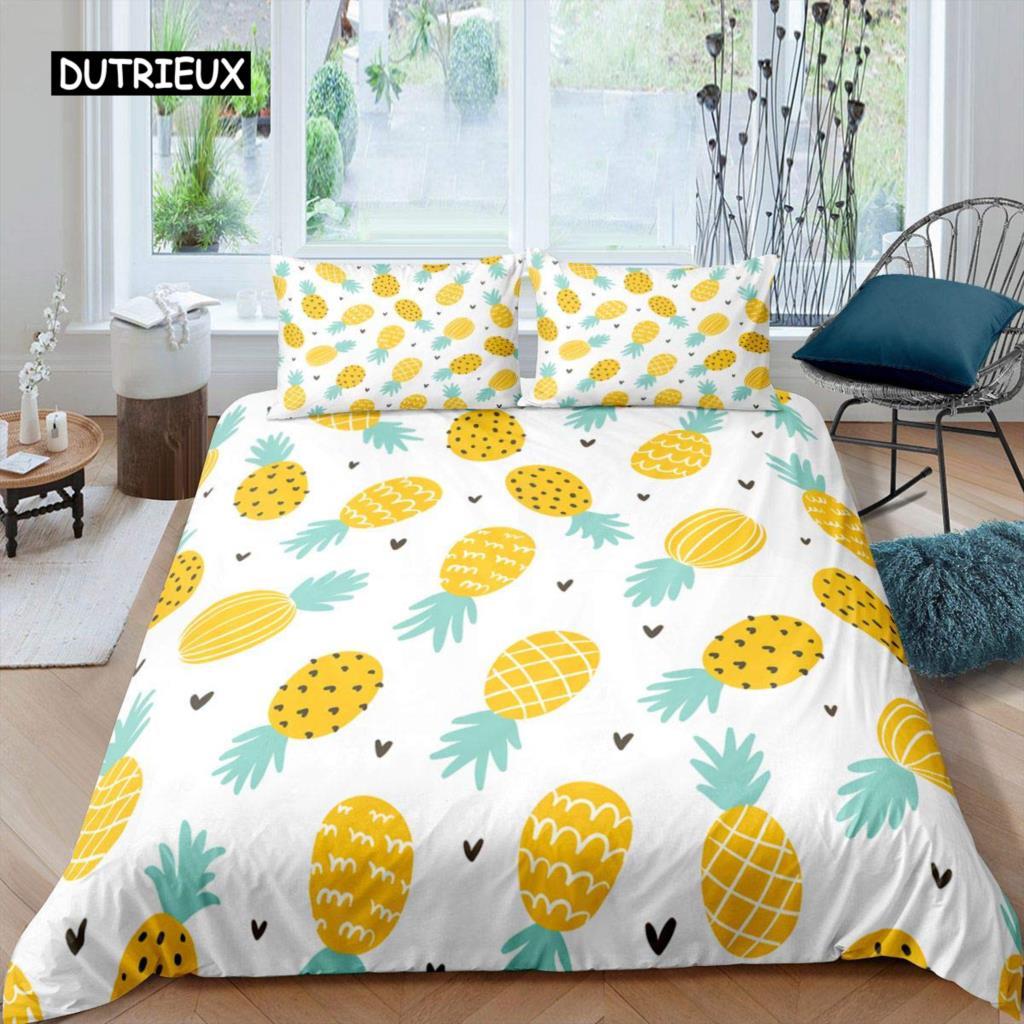 Pineapple Duvet Cover Set King Size Yellow Geometric Pineapple Bedding Set Seaside Beach Theme Fruit Printed Comforter Cover
