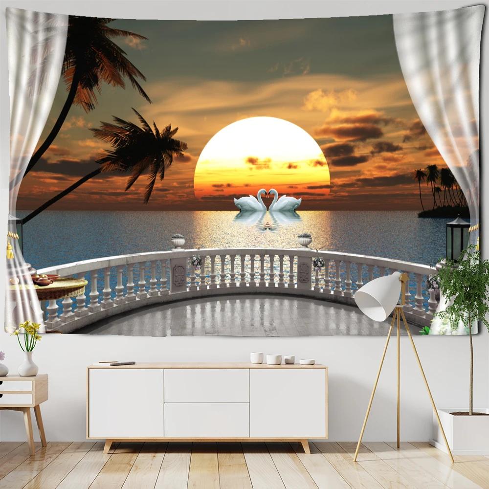Imitation Window Landscape Painting Tapestry Wall Hanging Bohemian Natural Scenery Hippie Living Room Home Decor