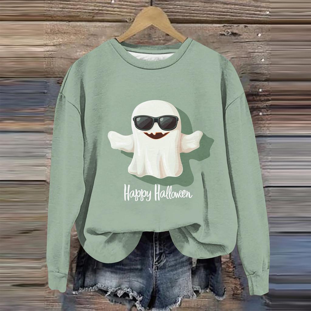 Moda feminina manga comprida estampa de Halloween gola redonda suéter top