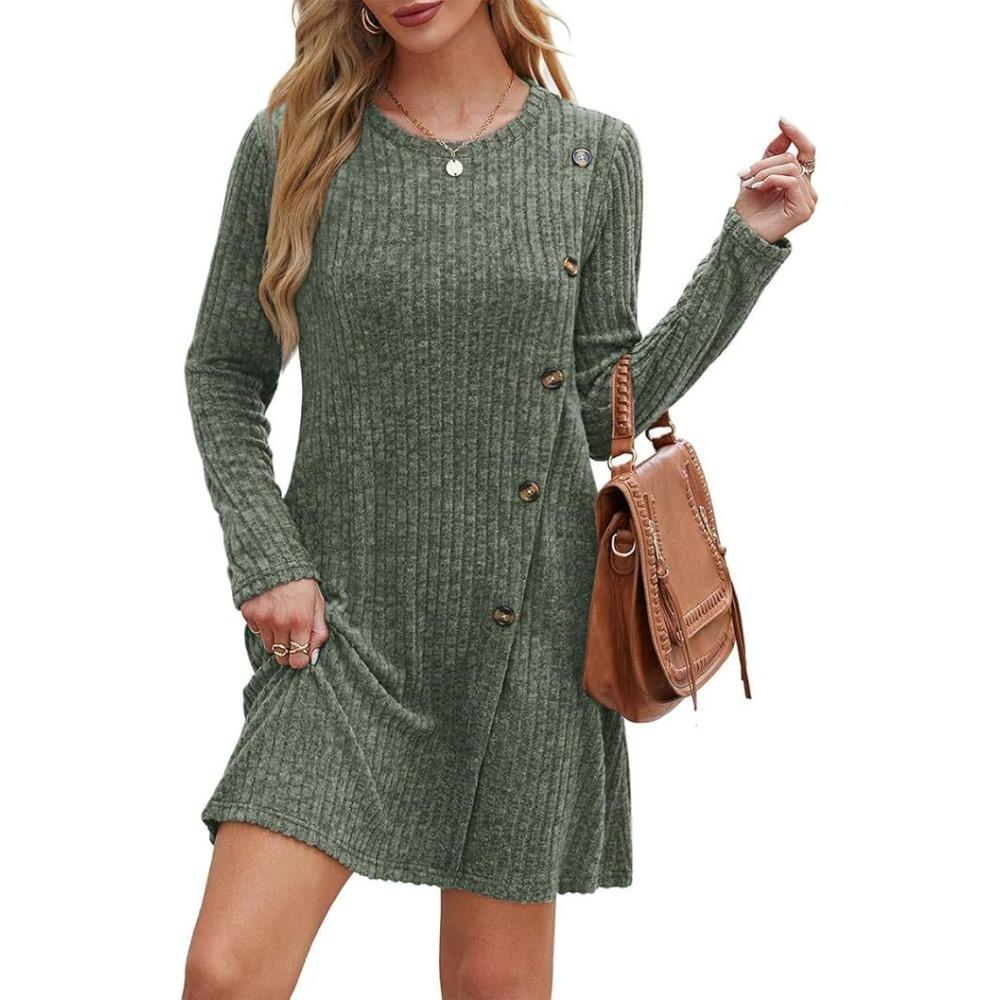 Women's Ribbed Knit Long Sleeve Dress with Side Buttons and Pockets Casual Fall Mini Dress