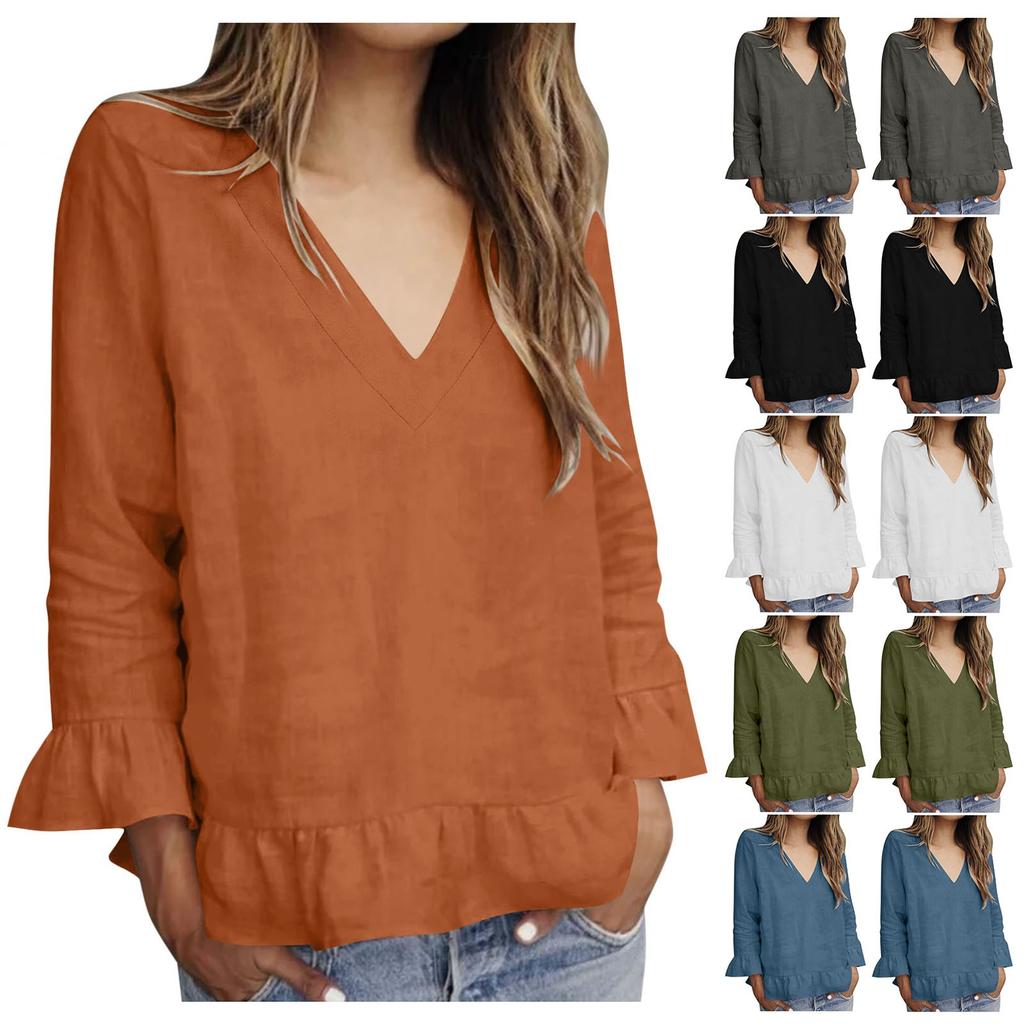 Women's Fashionable V-neck Solid-color Pullover Casual Top