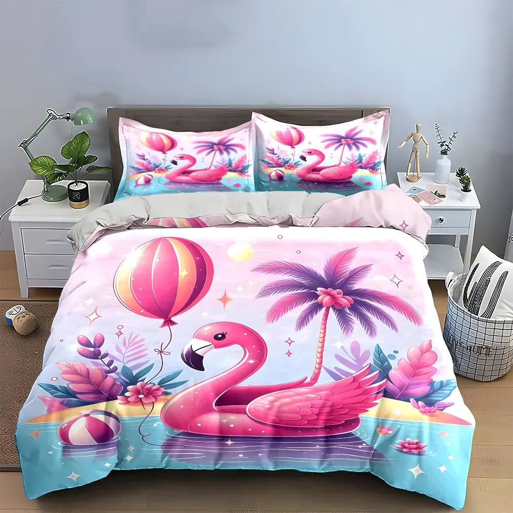 3Pcs Cute Flamingo Float Bedding Set, Pink Flamingo with Balloon & Palm Tree Print Duvet Cover + 2 Pillowcases, gift for kids
