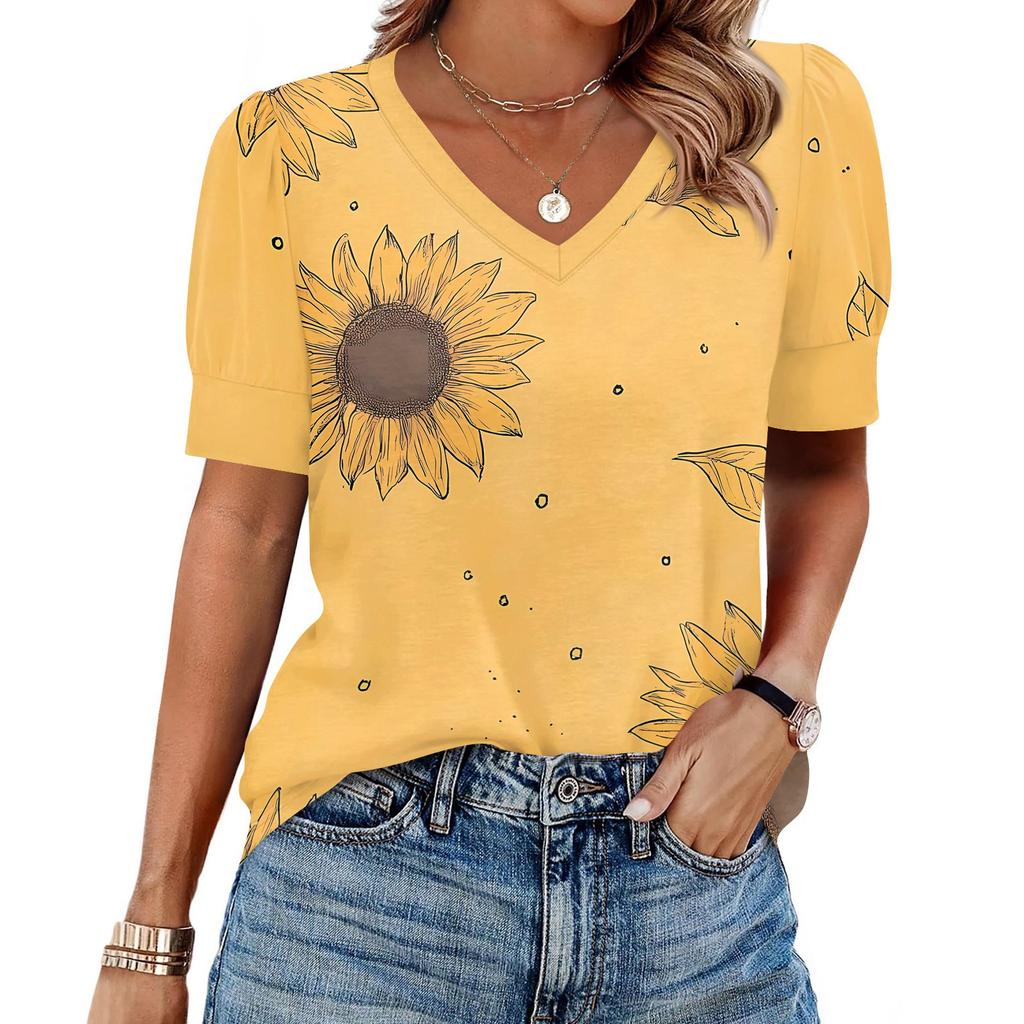 Women's Fashion Casual V- Neck Short Sleeve Print Shirt Women's Up Tops