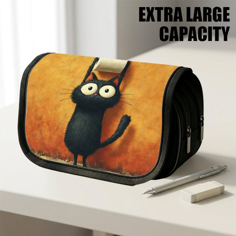 1pc Flip-Top Pencil Case, Cartoon Cat Toilet Paper Orange Large Capacity Thickened Oxford Pencil Bag Double-Layer Zipper Pencil Pouch, Aesthetic Back