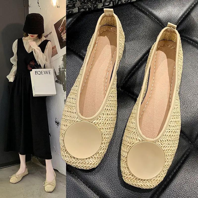 Woman Footwear Kawaii Apricot Shoes For Women With Bow Flats Flat Cute Normal Leather Casual Square Toe Korean Style Chic Point